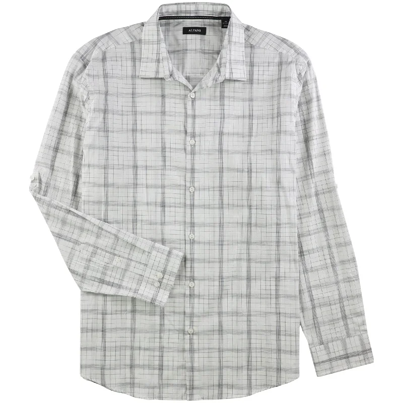 Men's Organic Cotton Casual Shirts with a Soft Handfeel for Everyday ComfortAlfani Mens Grid Button Up Shirt, White, X-Large