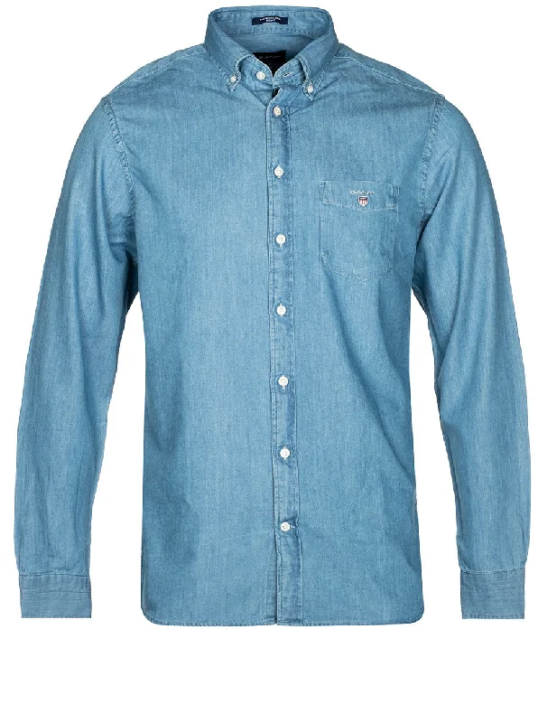 Plus Size Men's Striped Chambray Casual Shirts with a Spread Collar for a Preppy AppearanceReg Indigo Button-down Shirt Semi Light Blue