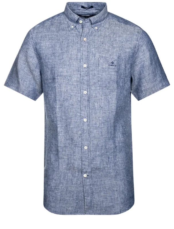 Men's Wrinkle - Resistant Polyester Blend Casual Shirts for Easy Travel and MaintenanceRegular Linen Short Sleeve Shirt Persian Blue