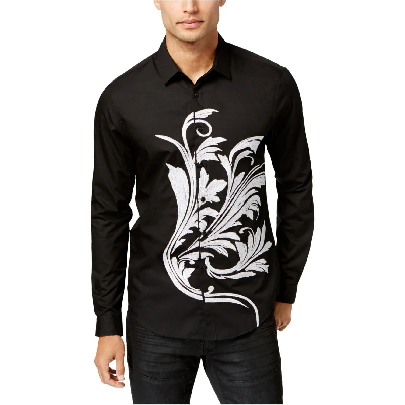 Men's Embroidered Detail Casual Shirts in Beige for a Touch of EleganceI-N-C Mens Embroidered Button Up Shirt, Black, Small