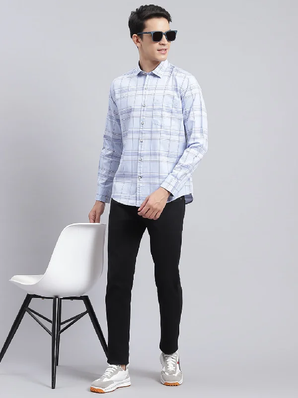 Men's Thermal - Lined Casual Shirts in Black for Added Warmth in Cold WeatherMen Sky Blue Check Pure Cotton Shirt