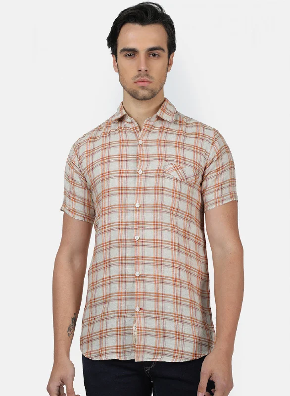 Men's Short - Sleeve Linen Casual Shirts in Light Khaki for a Breathable Summer OptionMen Beige Check Shirts