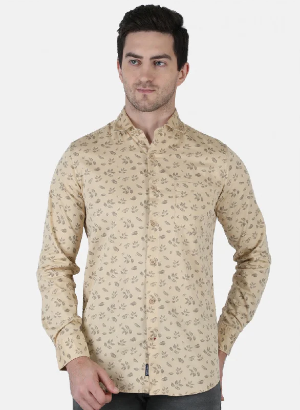 Men's Stretch - Fabric Casual Shirts in Navy Blue for a Comfortable and Flexible FitMen Beige Printed Shirt