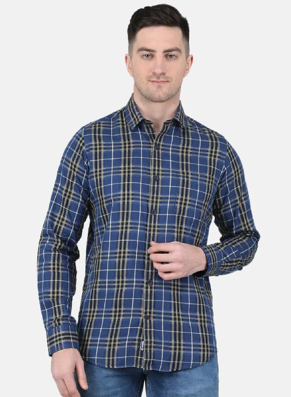 Men's Stretch - Fabric Casual Shirts in Navy Blue for a Comfortable and Flexible FitMen Blue Check Shirt