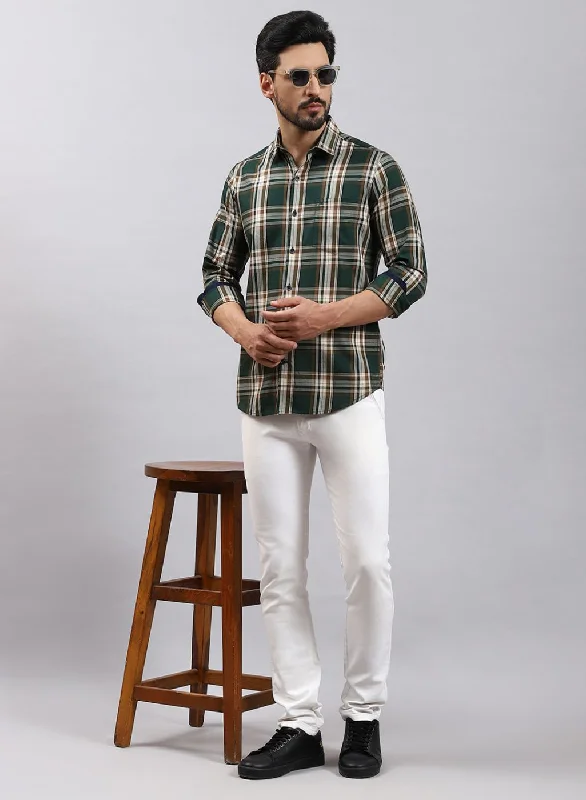 Men's Shearling - Lined Collar Casual Shirts in Brown for a Rustic and Warm AppealMen Green Check Pure Cotton Shirt