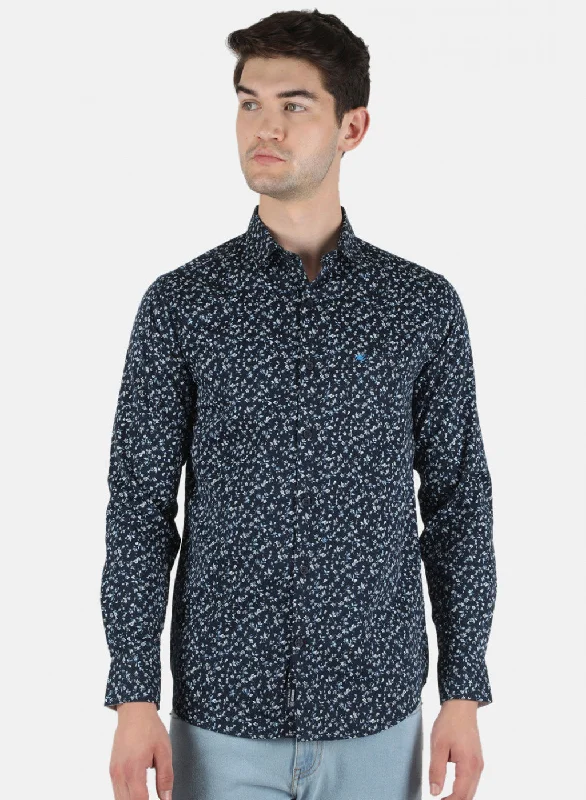 Men's Wrinkle - Resistant Polyester Blend Casual Shirts for Easy Travel and MaintenanceMen NAvy Blue Printed Shirt