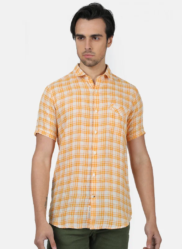 Plus Size Men's Striped Chambray Casual Shirts with a Spread Collar for a Preppy AppearanceMen Orange Check Shirts