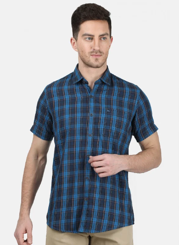 Plus Size Men's Striped Chambray Casual Shirts with a Spread Collar for a Preppy AppearanceMens Blue Check Shirt