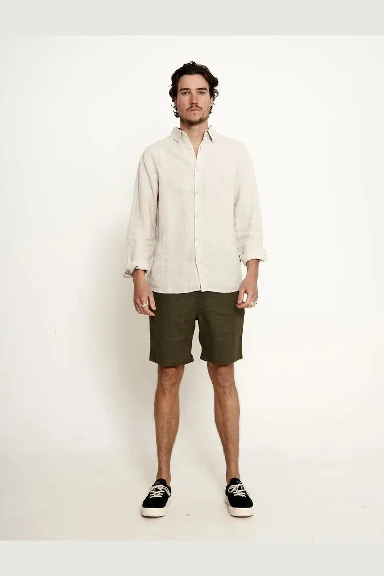 Men's flat - front chino shorts for semi - formal summer eventsMr simple tanner 2.0 linen shorts fatigue