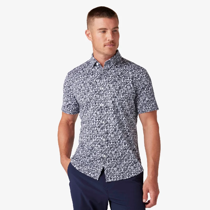 Men's Wrinkle - Resistant Polyester Blend Casual Shirts for Easy Travel and MaintenanceNavy Wood Cut Print