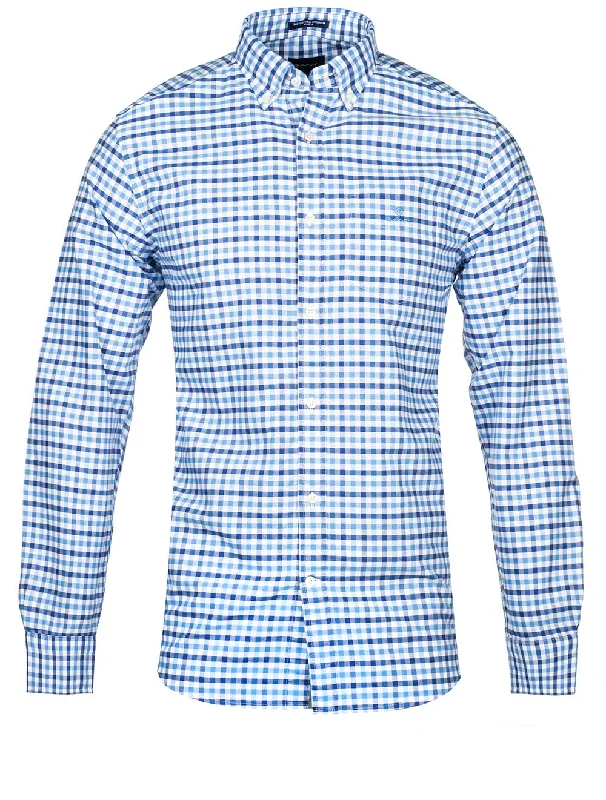 Men's Wrinkle - Resistant Polyester Blend Casual Shirts for Easy Travel and MaintenanceRegular Fit 2-Color Gingham Broadcloth Shirt Sailor Blue