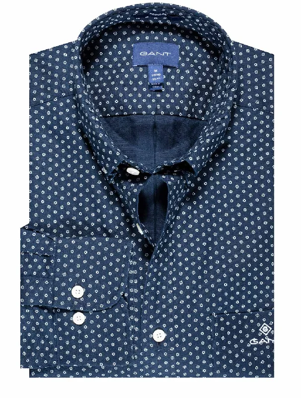 Men's Stretch - Fabric Casual Shirts in Navy Blue for a Comfortable and Flexible FitRegular Fit Geometric Floral Print Shirt Marine