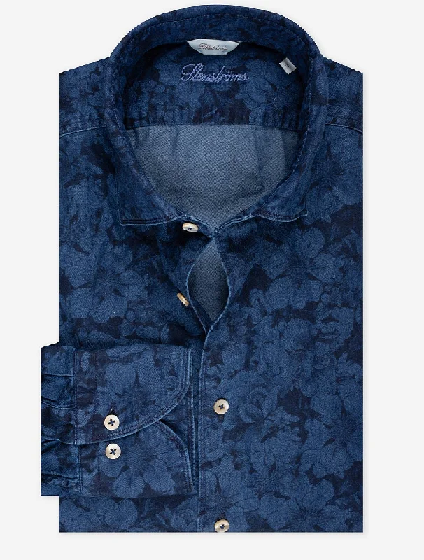 Men's Retro - Style Hawaiian Print Casual Shirts in Bold Patterns for a Tropical VacationFloral Denim Shirt Navy