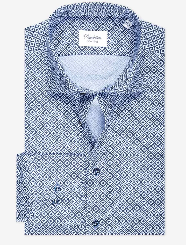 Men's Wrinkle - Resistant Polyester Blend Casual Shirts for Easy Travel and MaintenancePatterned Oxford Shirt Blue