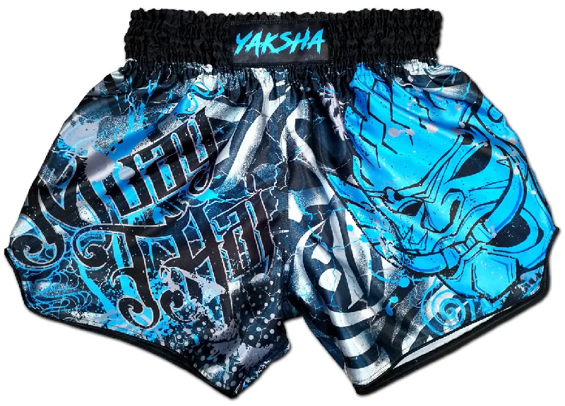 Men's zip - pocket canvas shorts for added functionality during travelYAKSHA ★ Demons ★ Muay Thai Boxing Shorts (electric blue)