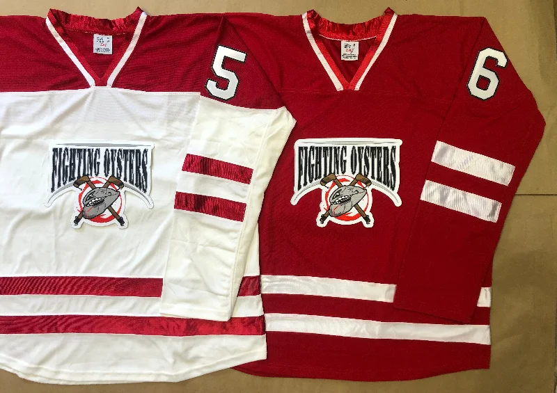 Men's Custom - Embroidered Volleyball Jerseys for Team Uniforms or Personalized GearRed and White Hockey Jerseys with a Fighting Oysters Twill Logo