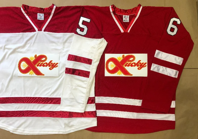 Men's Basketball Jerseys with Signature Player Logos for a Fan - Favorite LookRed and White Hockey Jerseys with a Lucky Twill Logo