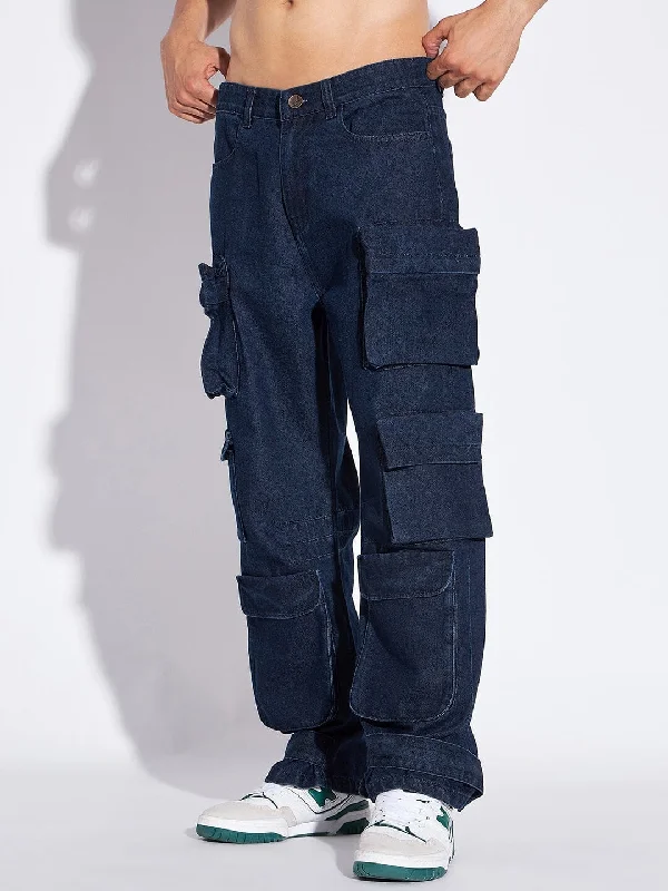 Men's Jeans with a Zip - Off Lower Leg for Convertible StyleDark Super Baggy Multipocket Cargo Denim