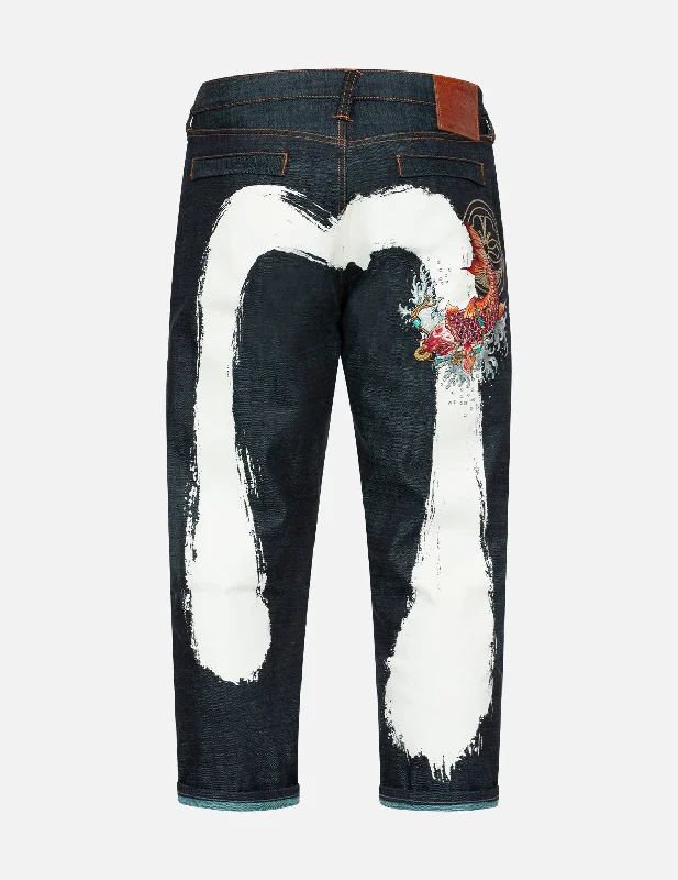 Men's Ripped Skinny Jeans in Acid Wash for an Edgy and Punk - Inspired StyleKoi Embroidery and Brushstroke Daicock Print Cropped Jeans #2027