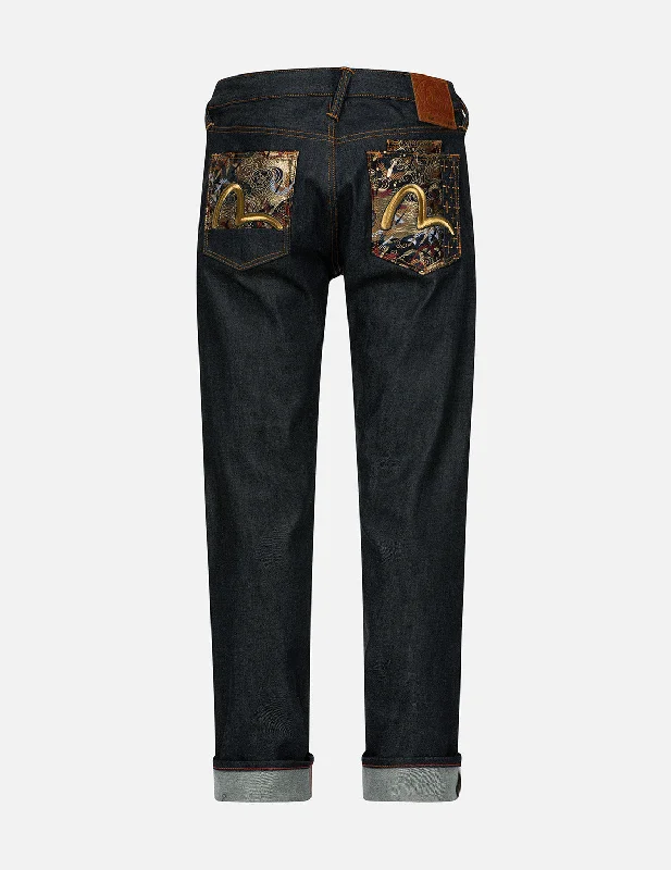 Men's Distressed Jeans with Patches for a Retro and DIY - Inspired AppearanceSeagull Embroidery and Brocade Patched Carrot Fit Denim Jeans #2017