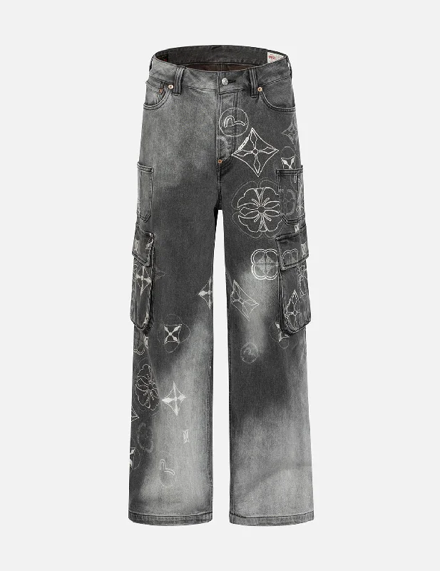 Plus Size Men's Relaxed Fit Jeans with a Faded Wash for a Vintage - Inspired LookTie-Dye Kamon and Seagull Print Fashion Fit Cargo Jeans