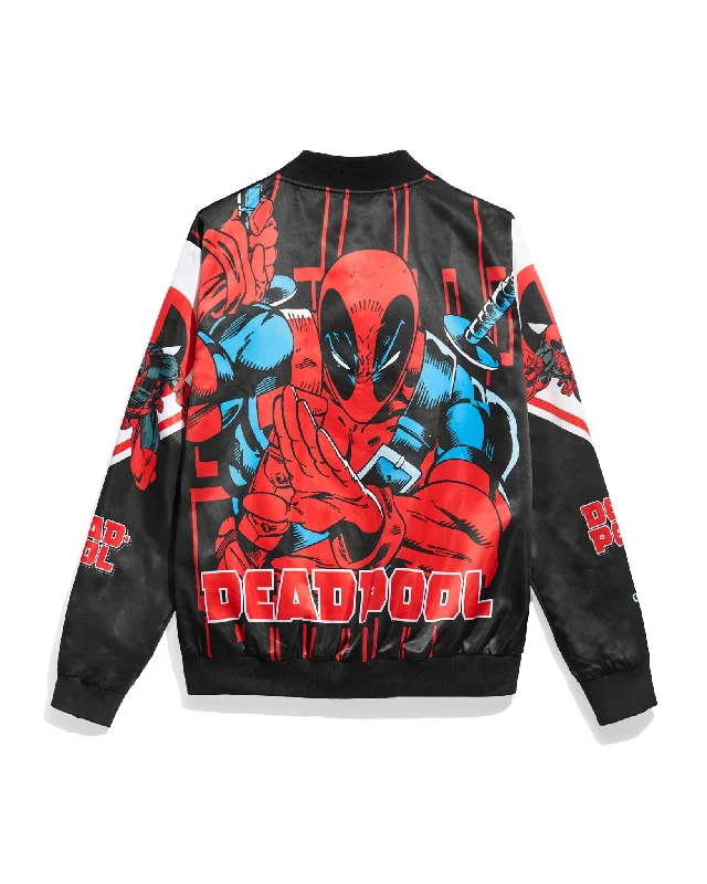 Hooded men jackets with a detachable faux - fur trim for added warmthDeadpool Fanimation Satin Jacket