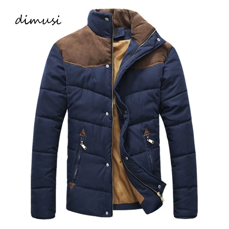 Men jackets with a built - in hood that can be stowed away when not in useDIMUSI Clothing Winter Jacket Men Warm Causal Parkas Cotton Banded Collar Winter Jacket Male Padded Overcoat Outerwear 4XL,YA332