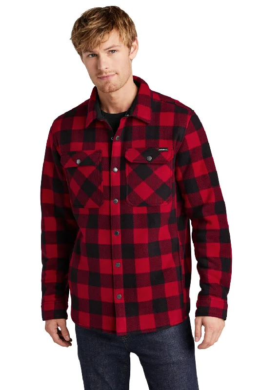 Denim men jackets with embroidered patches for a personalized touchEddie Bauer Mens Woodland Snap Front Shirt Jacket w/ Double Pockets - Radish Red/Black