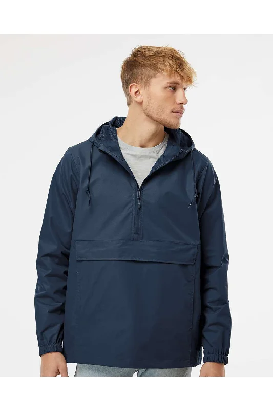 Lightweight men jackets made from recycled nylon for eco - friendly travelIndependent Trading Co. Mens 1/4 Zip Waterproof Hooded Anorak Jacket - Classic Navy Blue