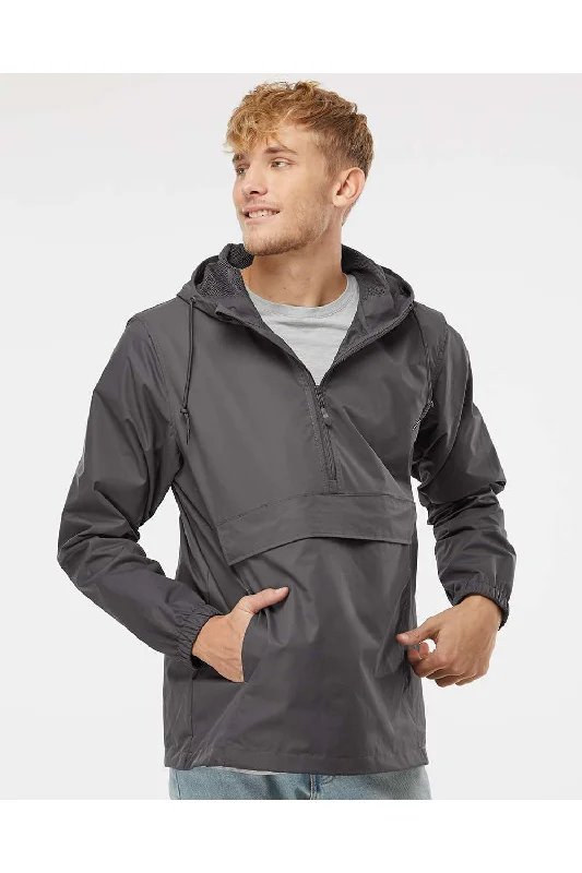 Men jackets with a media - friendly pocket for easy access to gadgetsIndependent Trading Co. Mens 1/4 Zip Waterproof Hooded Anorak Jacket - Graphite Grey