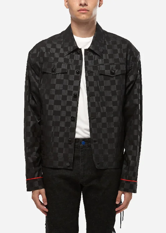 Men jackets with a hidden interior pocket for secure storageKonus Men's Black Checkered Trucker Jacket