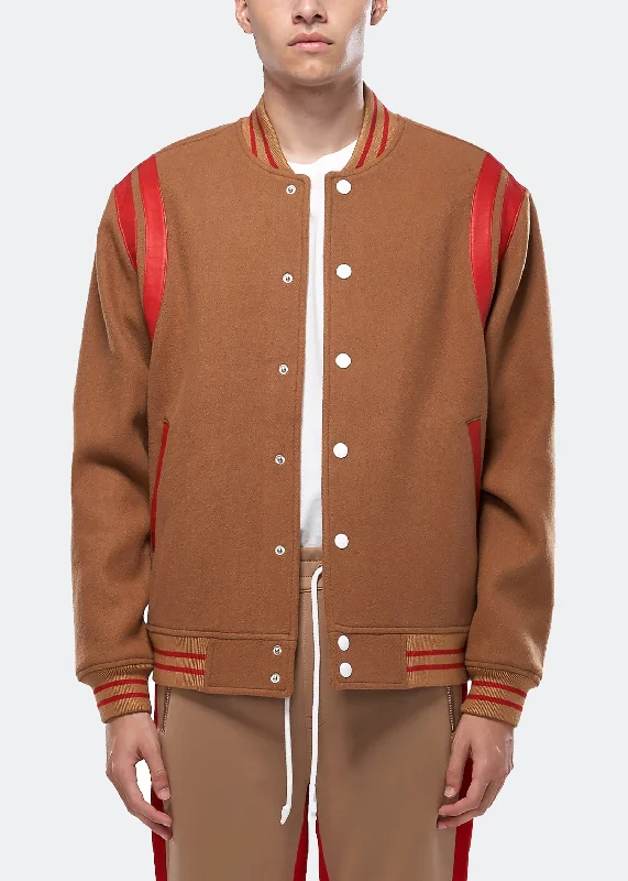 Embroidered men jackets with intricate floral designs for a unique aestheticKonus Men's Wool Blend Varsity Jacket in Camel