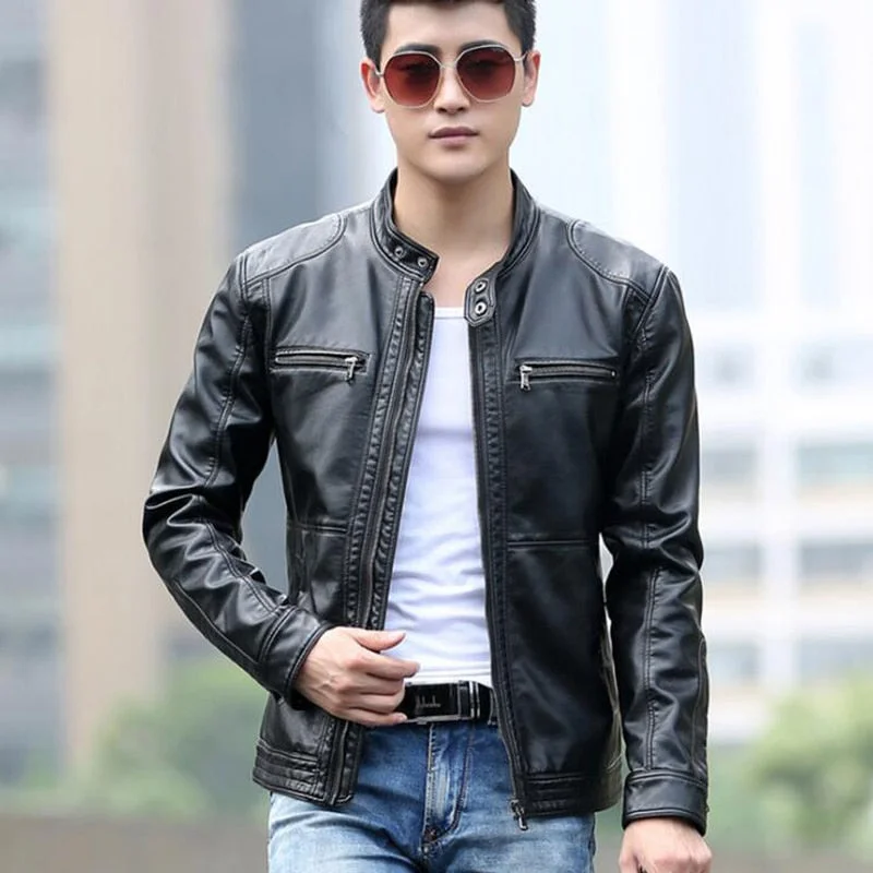 Men jackets with a media - friendly pocket for easy access to gadgetsLeather Jacket Men male casual motorcycle leather jacket Mens fashion veste en cuir pu jackets design stand collar COAT 2018 new