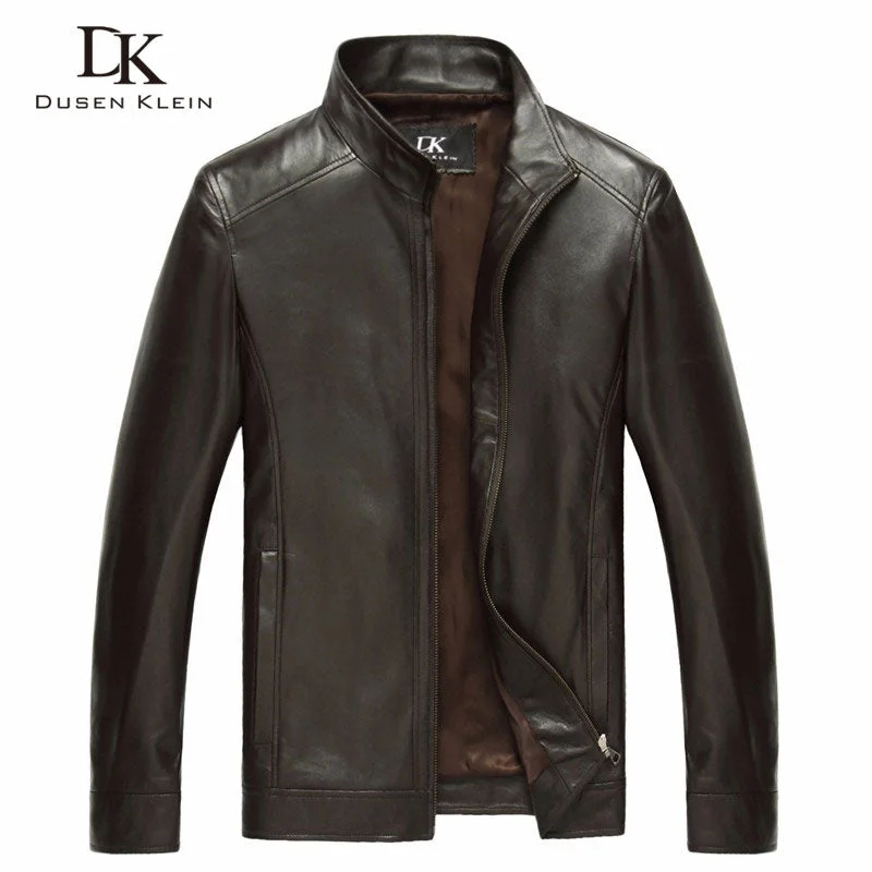 Men jackets with a built - in hood that can be stowed away when not in useLuxury Genuine sheepskin leather jacket  Brand Dusen Klein men slim Designer spring leather coats Black/Brown 14B0109