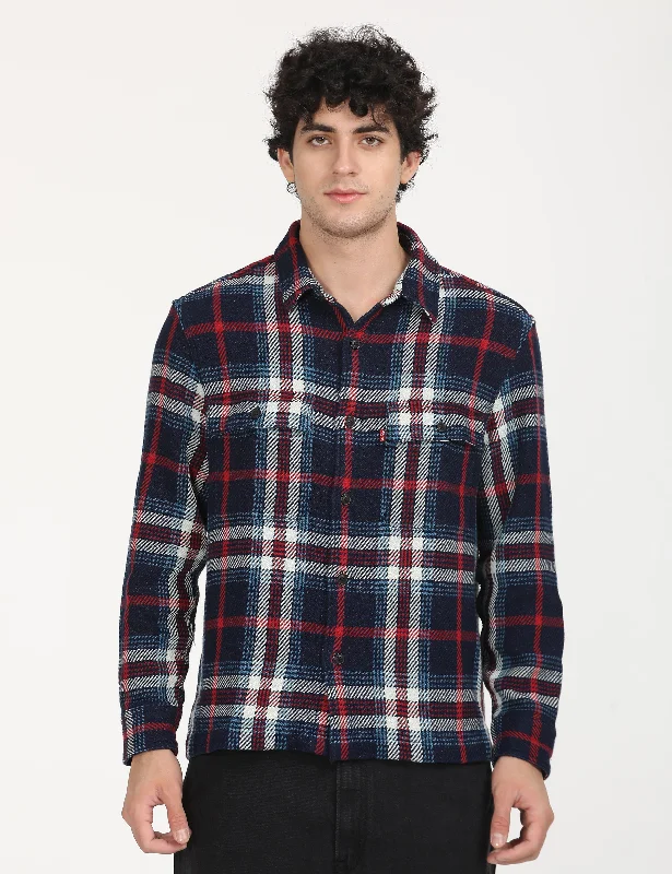 Performance - driven men jackets with breathable fabric for sportsMen's Plaid Navy Spread Collar Shacket