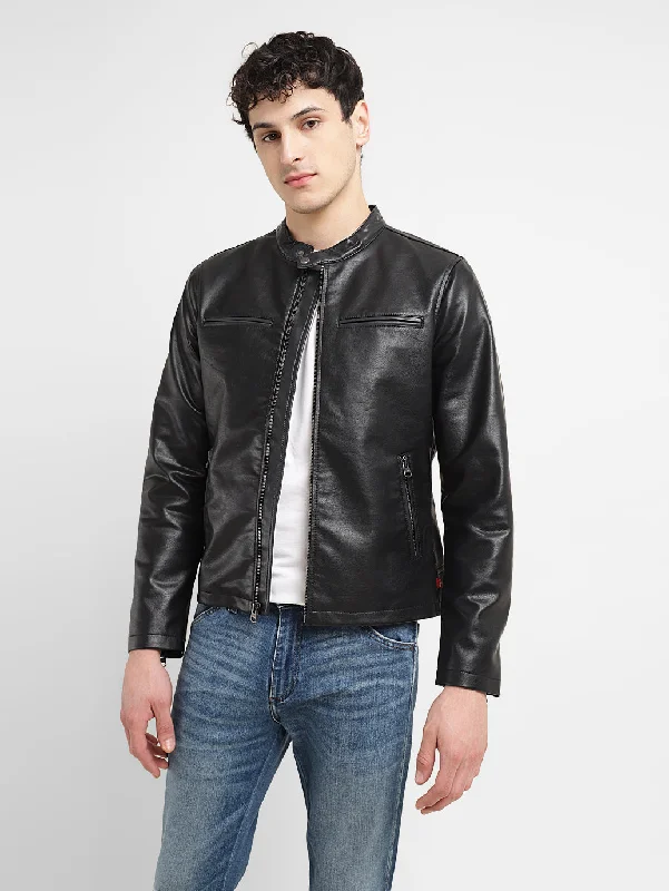 Men jackets with a zip - off sleeves to convert to a vestMen's Solid Black Band Neck Biker Jacket