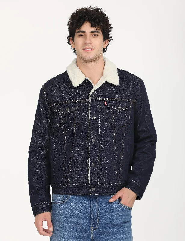 Hooded men jackets with a detachable faux - fur trim for added warmthMen's Solid Navy Spread Collar Denim Jacket