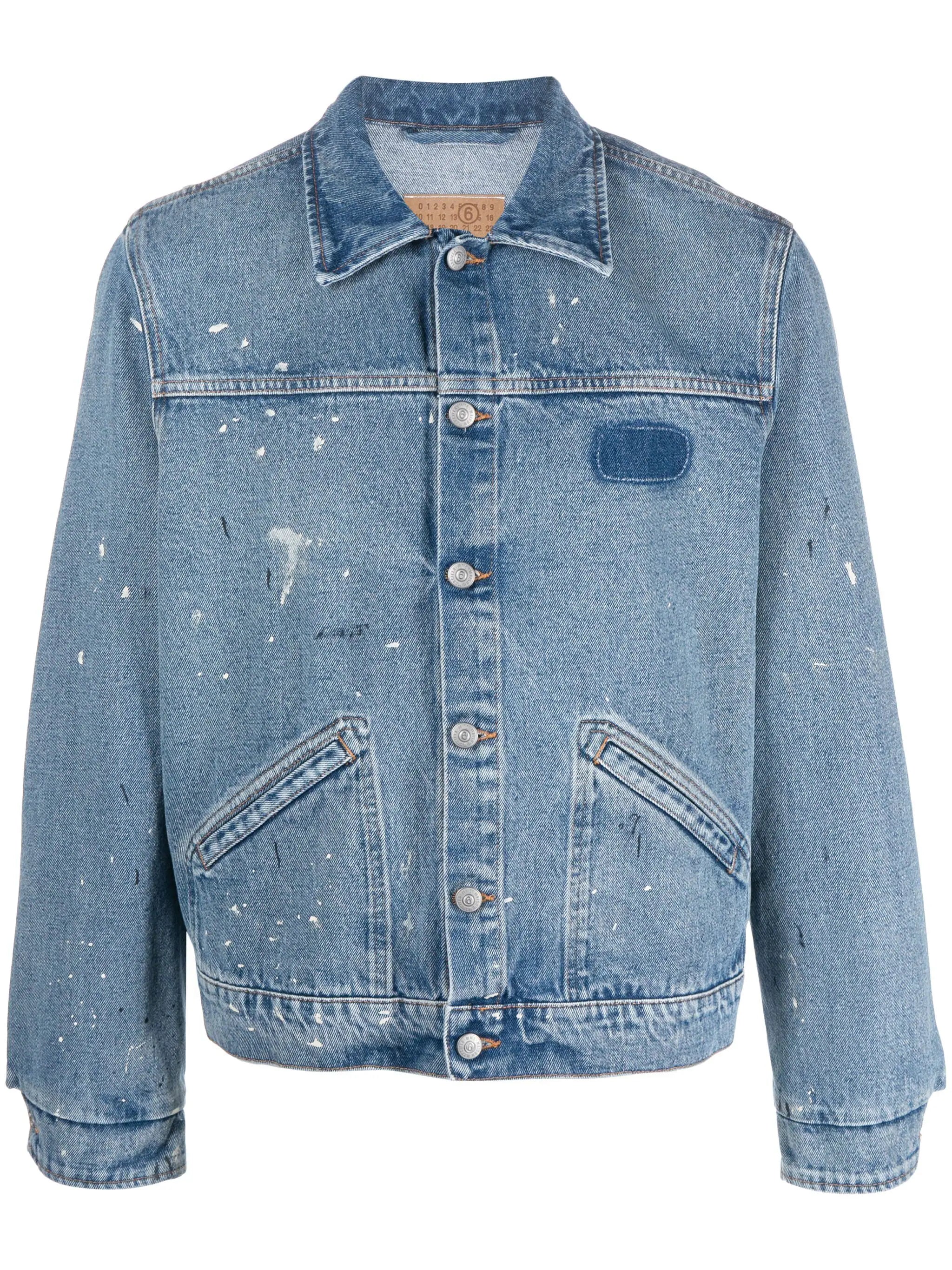 Plus - size men jackets with adjustable drawstrings for a comfortable fitPaint-Splatter Denim Jacket