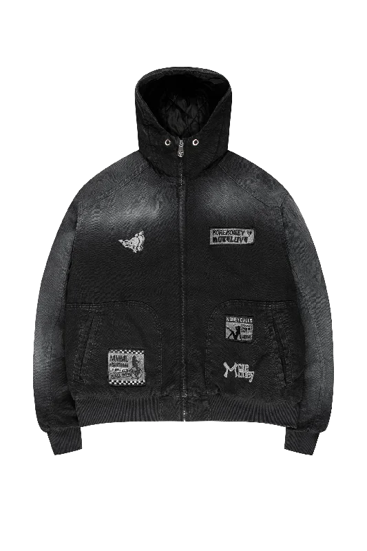 Men jackets with a media - friendly pocket for easy access to gadgetsPATCHED UP HOODED BOMBER WASHED BLACK