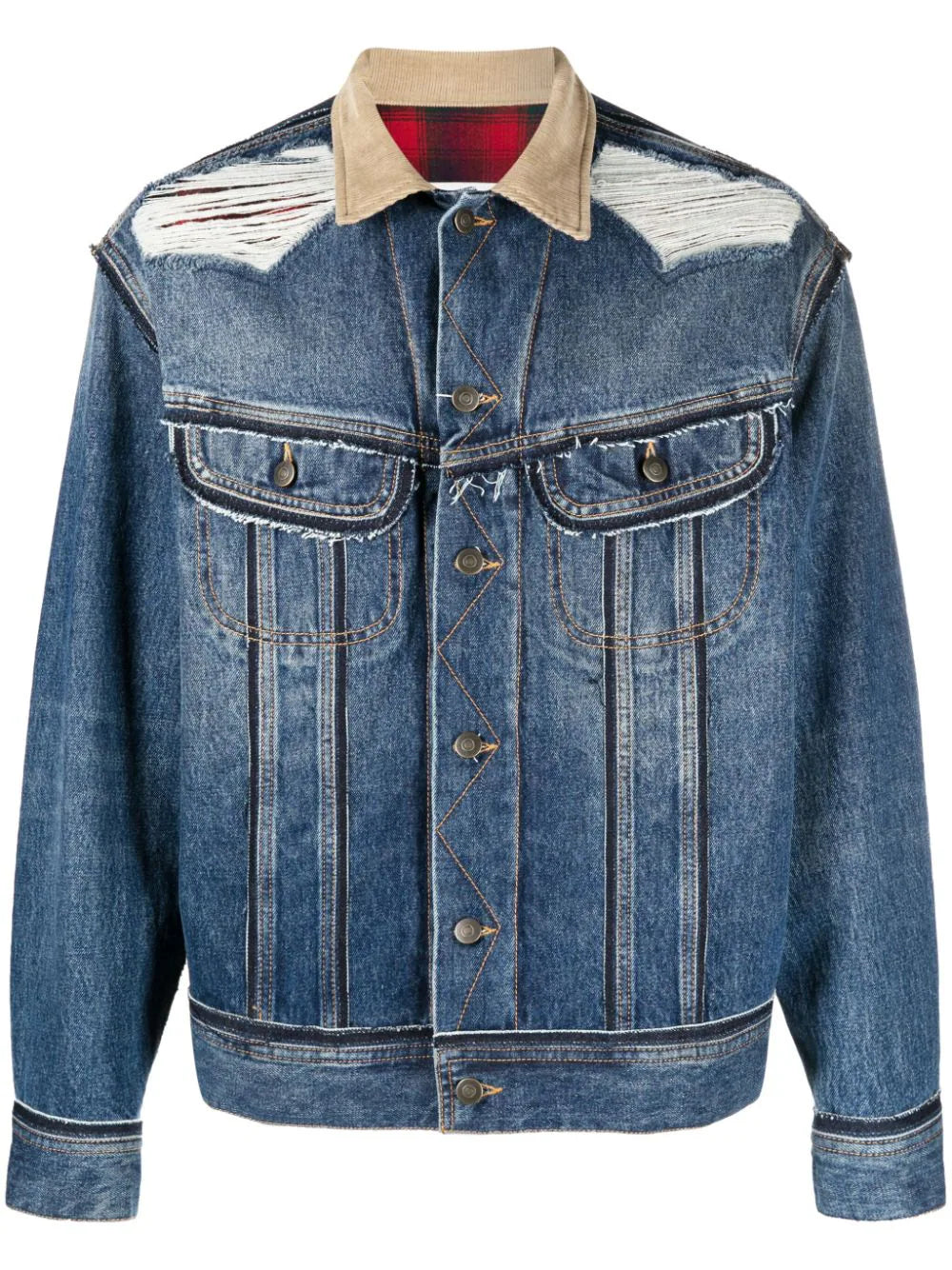 Slim - fit leather men jackets with a distressed finish for a rugged lookRipped-Detailing Denim Jacket