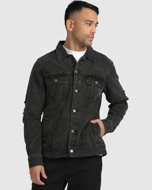 Men jackets with a built - in hood that can be stowed away when not in useRVCA Distressed Denim Jacket - Vintage Black