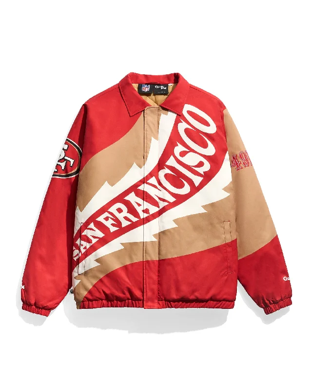 Slim - fit leather men jackets with a distressed finish for a rugged lookSan Francisco 49ers Saw Blade Quilted Puffer Jacket