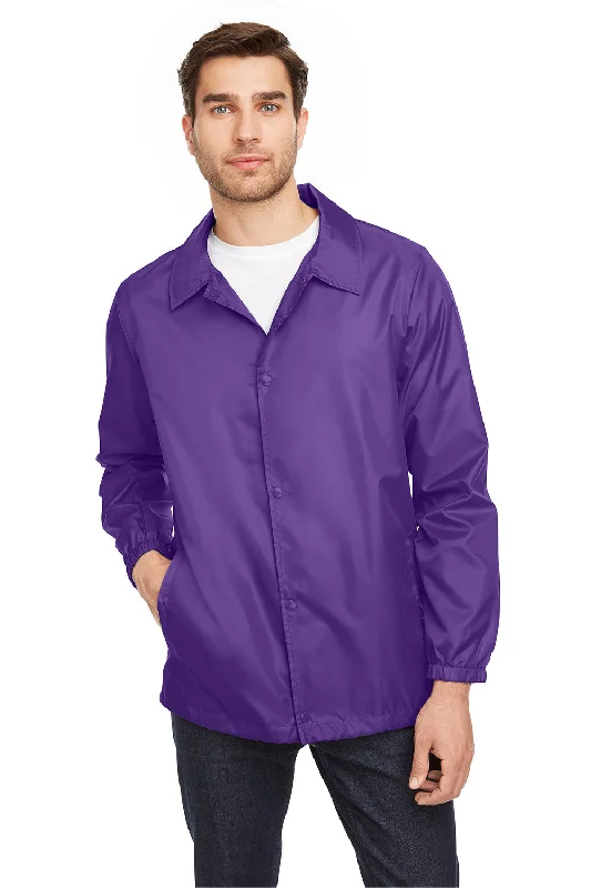 Down - filled men jackets in bright colors for winter fashionTeam 365 Mens Zone Protect Water Resistant Snap Down Coaches Jacket - Purple