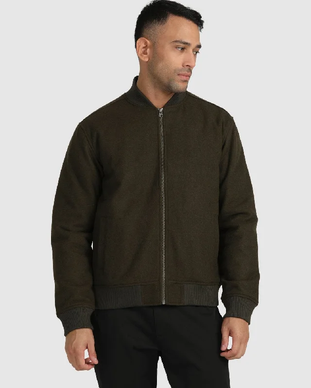 Hooded men jackets with a detachable faux - fur trim for added warmthTroy Bomber - Dark Olive