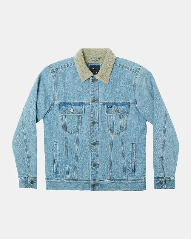 Waterproof men jackets with taped seams for heavy rain protectionWaylon Denim Trucker Jacket - Bleached Indigo