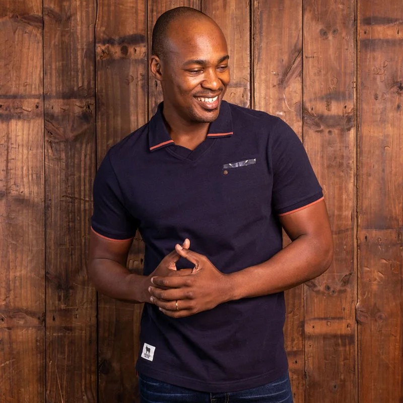 Men's ribbed cuffs and hem polo shirts for a textured lookBasotho Luxe V-Neck PK Polo Midnight