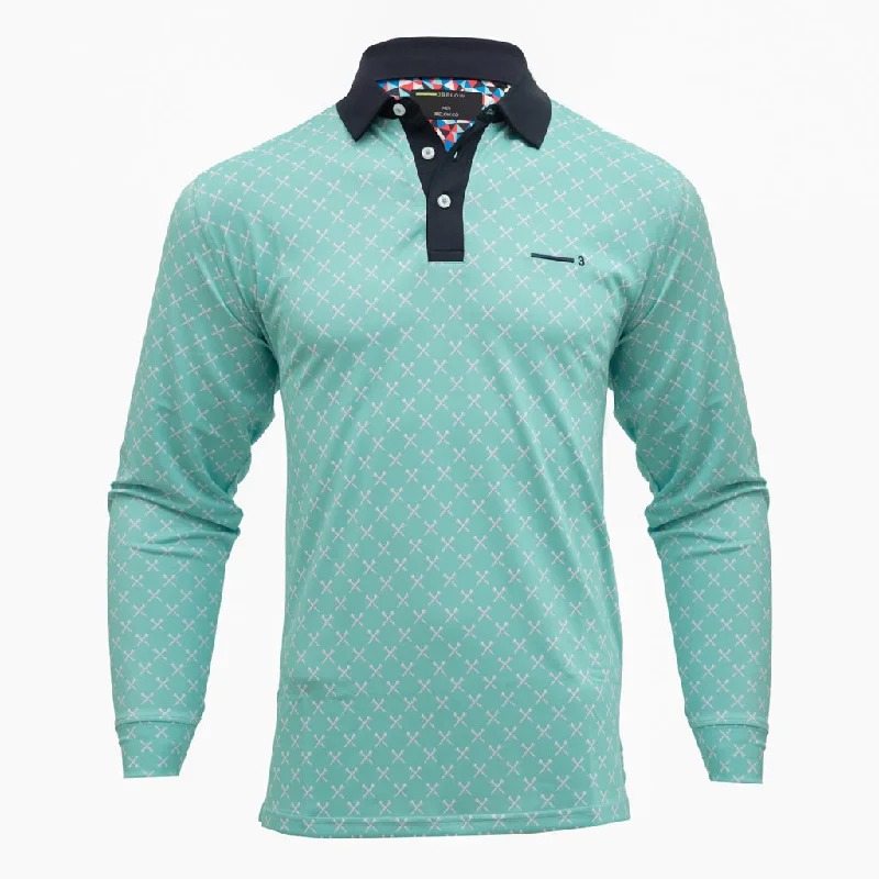 Men's button - front t - shirts with a unique artistic printGREEN TEE FULL SLEEVE MEN'S GOLF T-SHIRT