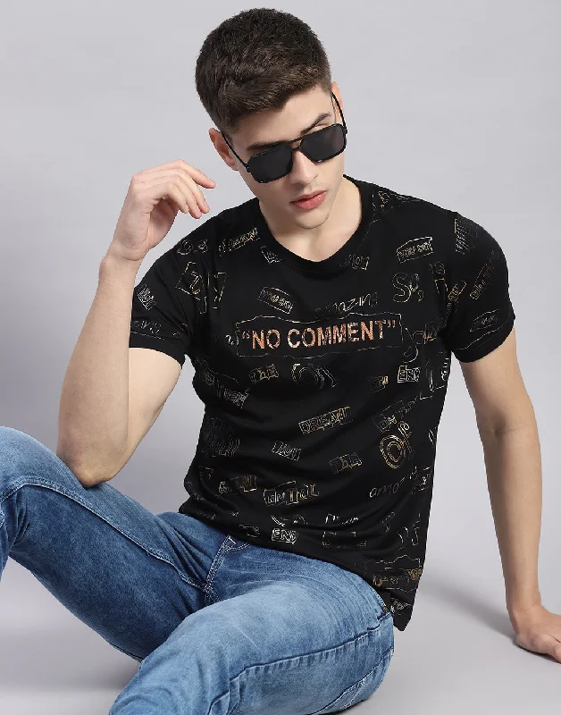 Men's long - sleeve henley t - shirts with button - down placketsMen Black Printed Round Neck Half Sleeve T-Shirt