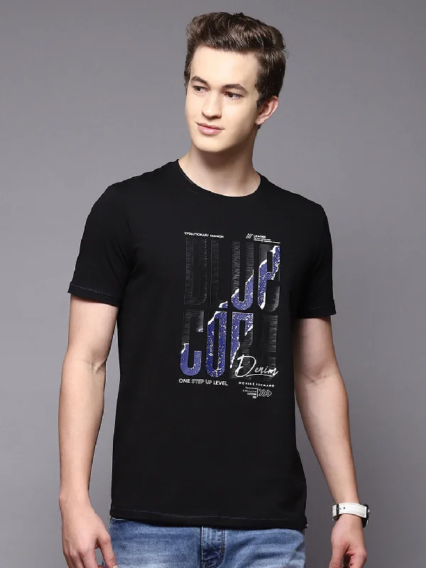 Men's plus - size pocket t - shirts with a classic lookMen Black Printed Round Neck Half Sleeve T-Shirts