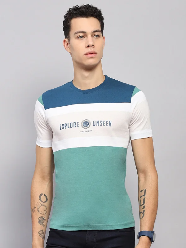 Men's mock - neck t - shirts with a modern and sleek styleMen Blue & Green Stripe Round Neck Half Sleeve T-Shirt